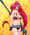  belt bikini_top breasts fingerless_gloves gloves gun hair_ornament long_hair looking_at_viewer manmaru_tamago midriff navel pink_legwear ponytail redhead rifle scarf short_shorts shorts skull_hair_ornament sniper_rifle solo standing tengen_toppa_gurren_lagann thigh-highs weapon yoko_littner 