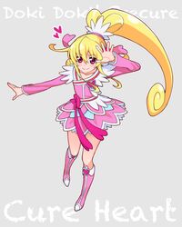  1girl aida_mana arm_up arm_warmers blonde_hair boots bow cabinster cure_heart curly_hair dokidoki!_precure grey_background half_updo long_hair magical_girl pink_eyes precure ribbon skirt smile solo title_drop 