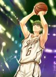  1boy basketball basketball_uniform glasses green_eyes green_hair kaga kuroko_no_basuke midorima_shinsuke signature solo sportswear 