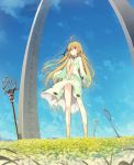  1girl ahoge arch bare_shoulders blonde_hair bottomless breasts center_opening clouds dress grass highres jewelry long_hair minaseyu_no navel necklace original pointy_ears sky solo 