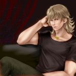  1boy blonde_hair crouton256 curly_hair green_eyes solo t-shirt tiger_&amp;_bunny 