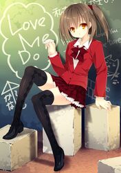  argyle bow brown_eyes brown_hair chalk chalkboard hair_ribbon kobayashi_chisato loafers open_mouth original ribbon school_uniform shoes skirt thigh-highs twintails zettai_ryouiki 