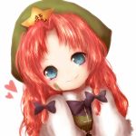  1girl amanojaku bandaid blue_eyes bow braid bust hair_bow hat head_tilt heart highres hong_meiling long_hair looking_at_viewer redhead simple_background smile solo star touhou twin_braids vest white_background 