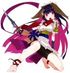  1girl animal_ears apron arm_support barefoot bike_shorts black_hair blush breasts headdress karei_(hirameme) long_hair multicolored_hair open_mouth original pin pink_hair red_eyes ribbon solo squatting sword two-tone_hair weapon 