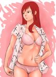  1girl bra breasts brown_eyes cleavage erza_scarlet fairy_tail hair_down kyoffie12 large_breasts long_hair mound_of_venus navel no_pants open_clothes open_shirt panties pink_bra pink_panties redhead solo striped striped_panties underwear 