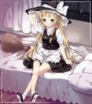  1girl bad_id bamboo_broom bed blonde_hair book border braid broom brown_eyes buttons crossed_legs dress hair_ribbon hand_behind_head hat kirisame_marisa open_book parody ribbon shoes sitting smile socks solo star style_parody subachi touhou window witch_hat 