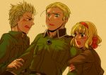  axis_powers_hetalia belgium_(hetalia) blonde_hair blue_eyes blush brother_and_sister germany_(hetalia) green_eyes hair_ribbon military military_uniform netherlands_(hetalia) ribbon siblings sweat uniform 