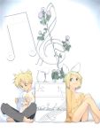  bad_id barefoot blonde_hair flower green_eyes hair_ornament hair_ribbon hairclip kagamine_len kagamine_rin musical_note playstation_portable psp ribbon short_hair siblings sitting smile twins vocaloid 