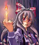  bow cigarette fire fire_finger fujiwara_no_mokou hair_bow hair_ribbon hands lighter_finger long_hair middle_finger red_eyes ribbon seiryouinryousui silver_hair solo suspenders touhou 