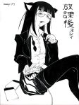 :p black_hair blazer blush cat_ears crossed_legs female_protagonist_(houkago_play) glasses houkago_play long_hair monochrome pantyhose playing_games playstation_2 pleated_skirt saliva scan school_uniform sitting skirt solo tongue translation_request undressing 