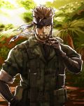  big_boss brown_hair camouflage cigar eyepatch facial_hair gloves headband male manly metal_gear_solid metal_gear_solid_3 naked_snake nature 