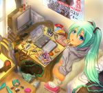  aqua_eyes aqua_hair book bottomless computer figure from_above hatsune_miku highres kotatsu laptop long_hair looking_up messy_room omimushi ponytails solo table television tissue twintails vocaloid 