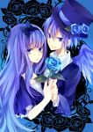  blue_eyes dress flower formal hairband hand_holding hat holding_hands long_hair original purple_hair rose suit top_hat wings yuzuki_karu 
