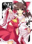  bow brown_hair cat_ears cat_tail detached_sleeves hair_bow hakurei_reimu japanese_clothes kemonomimi_mode long_hair ofuda ojitcha tail touhou 
