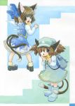 backpack bag blue_eyes bow brown_hair cat_ears cat_tail chen child cirno cirno_(cosplay) cosplay earrings hair_bow hat jewelry kawashiro_nitori kawashiro_nitori_(cosplay) key mochisuni multiple_tails short_hair tail touhou traditional_media wings 
