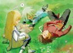  2boys blonde_hair blue_eyes book brown_hair colette_brunel field genis_sage gloves lloyd_irving long_hair multiple_boys pantyhose saliva shimabara silver_hair sleeping smile spoken_squiggle squiggle tales_of_(series) tales_of_symphonia 