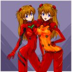  blush breast_press breasts dual_persona hand_on_hip long_hair lowres neon_genesis_evangelion orange_hair plugsuit rebuild_of_evangelion redhead see-through shikinami_asuka_langley skin_tight souryuu_asuka_langley test_plugsuit time_paradox 