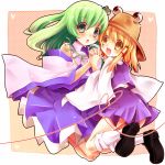  bad_id blonde_hair colored detached_sleeves eyes frog green_eyes green_hair hair_ornament hat japanese_clothes kochiya_sanae long_hair moriya_suwako multiple_girls short_hair snake taoru touhou yellow_eyes 