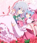  2girls bad_id blue_eyes flower izayoi_sakuya kurono_yuzuko multiple_girls purple_hair red_eyes remilia_scarlet rose short_hair silver_hair touhou yuuko_(pixiv) 