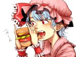  1girl blouse blue_hair bust cheese eating eyelashes fangs fingernails food hamburger hat hat_ribbon highres index_finger_raised lettuce mob_cap nail_polish nose pinky_out pointy_ears red_eyes remilia_scarlet ribbon shinsei_suzushi_mayuge short_hair simple_background solo tomato tongue touhou white_background wrist_cuffs 