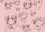  blush bow chibi closed_eyes expressions female_protagonist_(persona_3) hair_ornament hairclip ichimatsu_shiro monochrome persona persona_3 persona_3_portable pink pink_background pout school_uniform short_hair sketch smile tears 