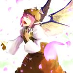  closed_eyes hair_over_one_eye hand_on_own_chest hat holysnow mystia_lorelei open_mouth petals pink_hair short_hair singing solo touhou wings 