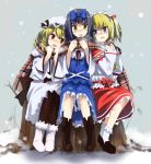  black_hair blonde_hair blue_eyes blush boots breath cold drill_hair gochou_(comedia80) luna_child multiple_girls pantyhose red_eyes ribbon scarf shared_scarf snow star_sapphire sunny_milk touhou tree_stump twintails yellow_eyes 