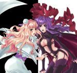  bad_id blonde_hair blue_eyes boots breasts cleavage dual_persona goldmu highres macross macross_frontier macross_frontier:_itsuwari_no_utahime macross_frontier:_the_false_diva midriff multiple_girls purple_eyes purple_hair sheryl_nome thigh-highs thigh_boots thighhighs violet_eyes 