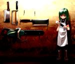  attall bad_id billhook boots chainsaw cleaver green_hair hacksaw highres original red_eyes saw scar solo 