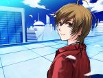  brown_eyes brown_hair cityscape feathers looking_back meiko moon scenery short_hair skirt sky smile solo sorata vocaloid 