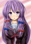  1girl :&lt; bow breasts cosplay gradient gradient_background hair_bow long_hair looking_at_viewer nagato_yuki nagato_yuki_(cosplay) patchouli_knowledge payot purple_hair sakura_fuyuki school_uniform simple_background solo suzumiya_haruhi_no_yuuutsu touhou violet_eyes 