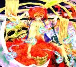  a_s ast barefoot bridge coin flower highres looking_at_viewer navel onozuka_komachi open_clothes red_eyes red_hair redhead scythe short_hair skull smile solo spider_lily touhou twintails wink 