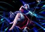  blue_eyes bow_(weapon) braid breasts crossed_legs dress feet hat impossible_clothes impossible_dress large_breasts legs long_hair qblade sitting solo thighs touhou trigram weapon yagokoro_eirin 