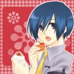  arisato_minato blue_hair cake crumbs eating food persona persona_3 strawberry 