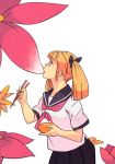  biting blonde_hair chopsticks eating flower nekogasuki rice school_uniform serafuku short_twintails twintails 