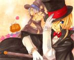  bare_shoulders blonde_hair blue_eyes cane cloak elbow_gloves female final_fantasy final_fantasy_ix gloves halloween hat long_hair male moogle necklace pumpkin purple_hair purple_lips ruby_(ff9) thigh-highs top_hat violet_eyes witch_hat yatoyaniwa zidane_tribal 