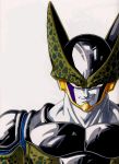  1boy cell_(dragon_ball) dragon_ball dragon_ball_z evil_grin grin highres male red_eyes smirk solo traditional_media white_skin 