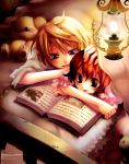  blue_eyes blush book highres lamp reading red_eyes red_hair redhead stuffed_animal stuffed_toy teddy_bear 