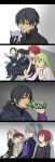  amado_(shin) amber bai black_hair darker_than_black drinking facial_hair gaijin_4koma havoc hei highres july_(darker_than_black) kirihara_misaki mask mask_removed parody ponytail stubble suou_pavlichenko tanya_(darker_than_black) yin 