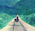  bag dress kumaori_jun original railroad_tracks scenery short_hair 