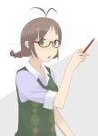  antenna_hair argyle bad_id braid breasts brown_eyes brown_hair college_of_angel_(idolmaster) glasses green_eyes idolmaster open_mouth pencil short_hair solo supi_(pixiv) sweater_vest twin_braids twintails vest 