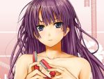  bakemonogatari bare_shoulders blush duplicate long_hair purple_hair senjougahara_hitagi solo stapler 