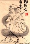  brush_(medium) character_name fine_art_parody geta ghost hat inu_poteto japanese_clothes kimono monochrome nihonga parody saigyouji_yuyuko sandals solo sumi-e touhou traditional_media 