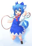  animal_ears arms_up blue_eyes blue_hair cirno collar dress fang flat_chest fox_ears fox_tail glow hair_ribbon ka_(pixiv341010) leash loli looking_at_viewer open_mouth ribbon solo tail touhou wings 