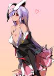  bad_id bare_shoulders breasts bunny_ears cleavage heart highres long_hair necktie no_bra pleated_skirt purple_hair rabbit_ears red_eyes reisen_udongein_inaba sakura_sora simple_background skirt solo touhou undressing 