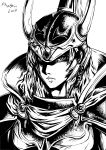  dissidia_final_fantasy final_fantasy helmet highres horns khanshin monochrome solo warrior_of_light 