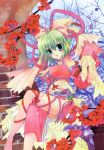  artist_request chinadress chinese_clothes detached_sleeves fan flower green_hair greenwood highres midori_(greenwood) original ribbon short_hair sitting source_request tree wall xianglong 