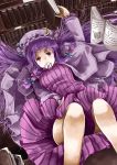  book bookshelf bow crescent from_above hair_bow hat library long_hair patchouli_knowledge perspective purple_eyes purple_hair sinzire solo touhou violet_eyes voile 
