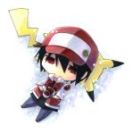 1boy baseball_cap chibi hat holding holding_poke_ball kagami_leo male pikachu poke_ball pokemon pokemon_(creature) pokemon_(game) pokemon_rgby red red_(pokemon) red_(pokemon)_(classic) snow 