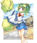  alternate_hairstyle armband blue_eyes cheerleader detached_sleeves frog fuyouchu green_hair kedama kochiya_sanae long_hair midriff navel parody pom_poms ponytail shimenawa snake solo touhou 